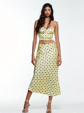 Zara Satin Floral Coquette Set Yellow Corset Top Midi Skirt Spring Euro Summer